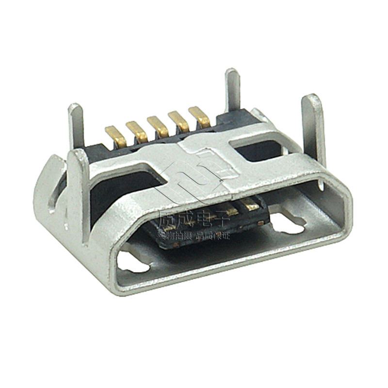 USB母座 5P B型插板5.9脚长1.25有柱加长0.75加焊脚无导位卷带